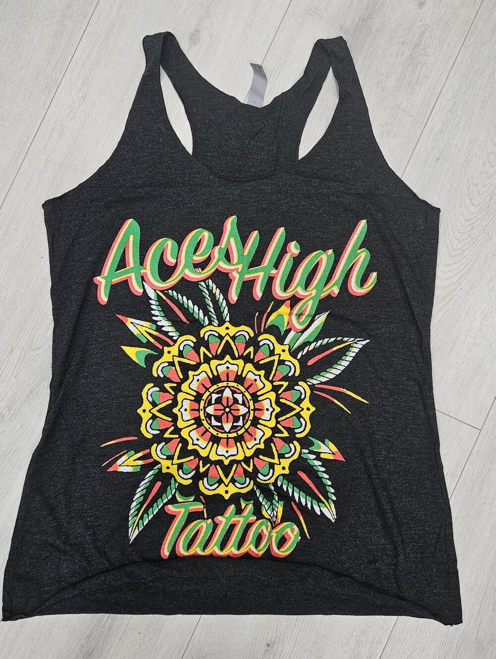 Aces High Tattoo Shop Florida Mandala Charcoal Gray Muscle Tank Top Sz M